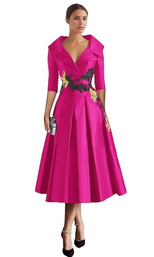Long Sleeve Mother of The Bride Dresses Tea Length Prom Dress Applique Satin Formal Evening Gowns with Pockets