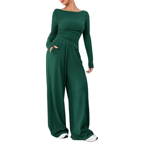 Haut et pantalon large ensemble uni col rond coupe ajustée