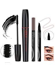 4D Silk Fiber Lash Mascara with Eyebrow Tattoo Pen (Dark Coffee) - Waterproof Eye Makeup, Lengthening Thickening & Voluminous Eyelashes, Fork Tip Microblading Eyebrow Marker Long Lasting for All Day