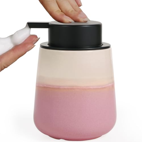 INGOFIN Dispenser di sapone in ceramica – Dispenser di sapone per le mani in schiuma da 350 ml per bagno, in ceramica, dispenser moderno per sapone per piatti con pompa per cucina, beige e rosa