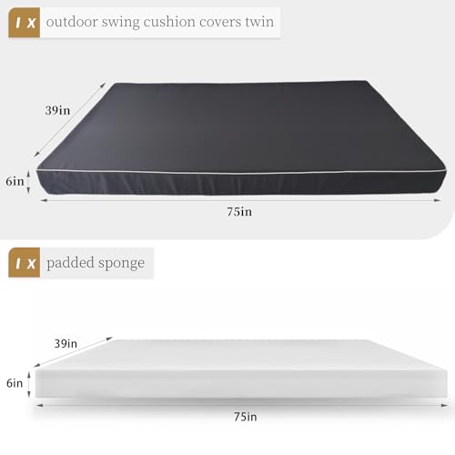 Image of Twin Size Porch Swing Day Bed Cushion Set Include Mattress with Cover,Patio Hanging Daybed Indoor Cushions Set (Dark Gray, 75 * 39 * 6in)