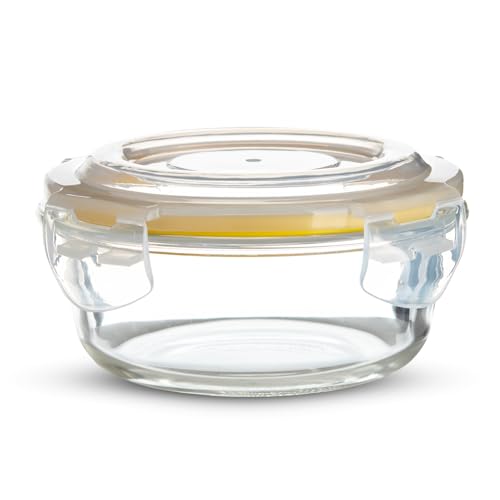 Image of BERGNER Borosilicate Glass Side Lock Round Storage Container for Kitchen with Air-Tight and Leakproof Lid, BPA Free, Microwave and Oven Safe, Removable Silicone Yellow Gasket (400 ml), Transparent