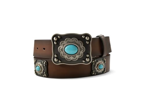 ARIAT Western Womens Belt Leather Square Conchos Turquoise Stones Brown Medium