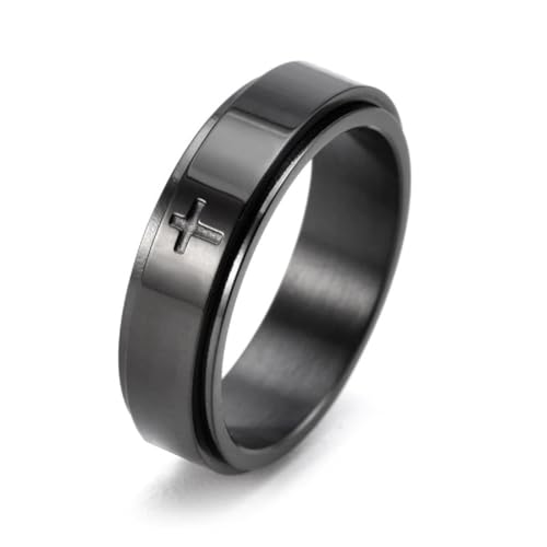 6mm Stainless Steel Cross Spinner Band Ring Stress Relief Christian Jesus Christ Lord Prayer Rotating Fidget for Men Women Anxiety Religious Engagement Wedding Jewelry-Black 5