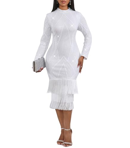 Image of Cololura Sexy Elegant Women Sequin Long Sleeve Tassel Bodycon Midi Dress Party Evening Gown Formal Dress