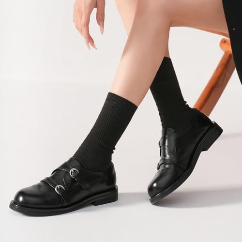 Image of BEAU TODAY Women's Leather Loafers, Wingtip Brogue Monk Strap Shoes | Genuine Leather, Round Toe, Low Heel, Metal Buckle, Non-Slip, Comfortable Business Casual Flats for Work and School