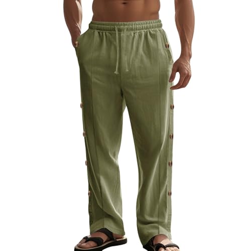 Duohropke Pantalones de verano para hombre, de lino, pantalones de ocio, pantalones largos para hombre, pantalones de chándal con botones de presión, tallas grandes, pantalones de lino, pantalones de