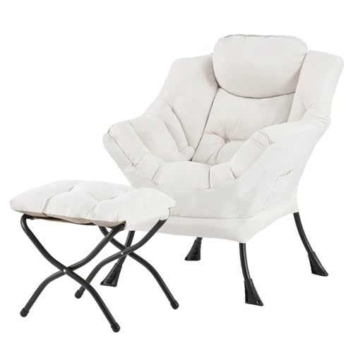 Image of Tiita Lazy Chair with Ottoman, Beige Modern Large Accent Chair, Comfy Leisure Sofa Armchair with Ottoman, Reading Chair with Footrest for Bedroom, Living Room, Dorm Rooms, Beige
