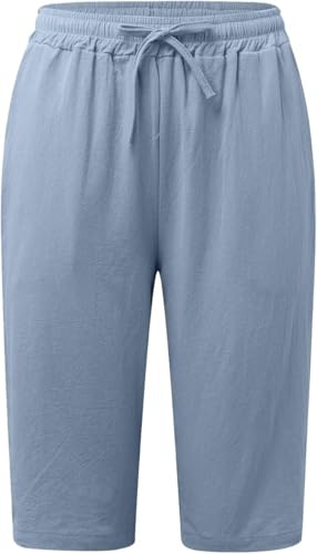 Womens Linen Bermuda Shorts Summer Side Lace Elastic Waist Drawstring Solid Color Wide Leg Pants with Pocket3