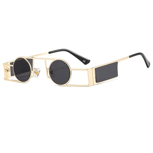 Lunettes de soleil rondes anti-éblouissement UV400 style steampunk en métal robuste or noir
