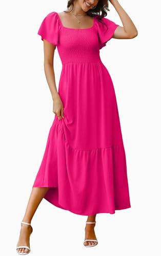 Image of OFEEFAN Summer Dresses for Women Square Neck Ruffle Sleeve Smocked Maxi Dress with Pockets
