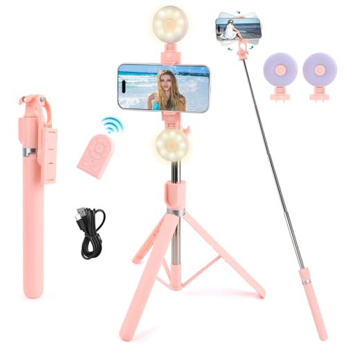 Tripode para Movil,Palo Selfie Trípode,Trípode para Teléfono Móvil de 180 CM con Mando a Distancia, 2 Luces de Relleno,360 ° Rotación Soporte de Tubo Extensible,Compatible con la Mayoría de Teléfonos