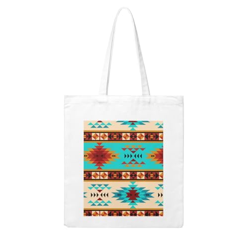Aztec Beige Blue Eco Canvas Tote Bag With Iron-On Art - Reusable Poly-Cotton Carryall, Ideal For Gifts, Advertising, Groceries & Outings