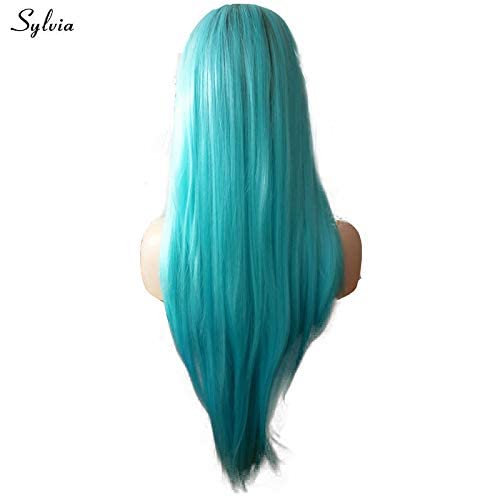 Xiweiya Long Silky Straight Aqua Blue Lace Front Wig with Light Brown Roots Synthetic Light Blue Wig Middle Part Natural Looking Heat Resistant Fiber Hair Cosplay Wig for Women 24inch - Image 3