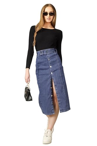 Image of Western Straight Stylish Comfortable Long Two Button Up Slit Dobby Denim Skirt for Women & Girls
