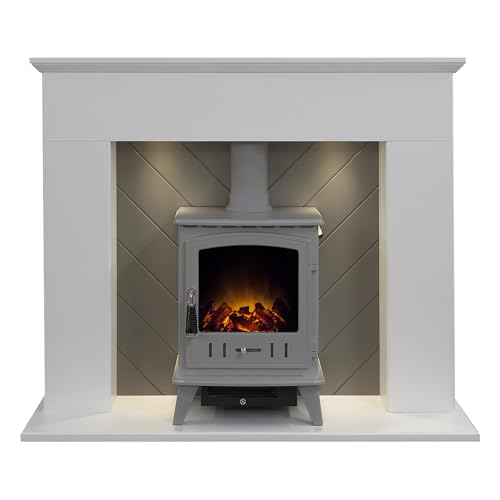 Image of Adam Corinth Stove Fireplace in White & Grey with Downlights & Adam Aviemore Electric Stove in Grey Enamel, 48 Inch