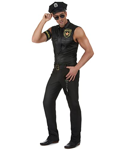 DEGUISE TOI - Déguisement policier sexy homme - Chemise - Cravate - Pantalon - Casquette - Ceinture - Brassard - L - Noir - Déguisements adultes - 100%...