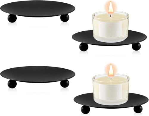 YANGWEN 4 Piezas Portavelas Negro Metal - Candelabros Decorativos con Plato Redondo para Velas de Pilar, Soporte para Hogar, Bodas y Fiestas