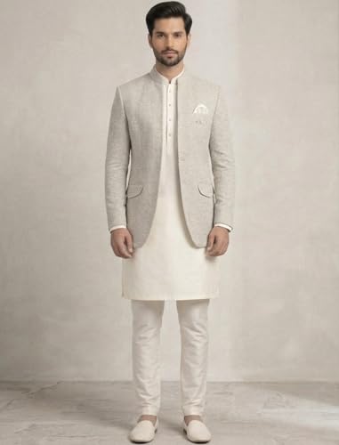 Image of Amzira Men's Jacquard Koti Kurta Set | Mandarin Collar | Full Sleeves Ethnic Wear | Festive & Wedding Traditional Outfit for Men
