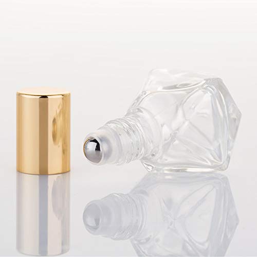 12 Pack 8ml Diamond shaped Roller Bottle,Empty Refillable Glass Roll On Bottle For Essential Oils,Parfum Cosmetic Containers With Stainless Steel Roller Balls Golden Lid-Travel Sample Vials