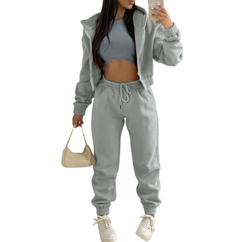 Onsoyours 3 Stücke Damen Sportanzüge Jogginganzug Sport Sets Yoga Outfit Freizeitanzug Sportswear Langarm Kapuzenjacke + Crop Top + Jogginghose mit Taschen Grau S Onsoyours 3 Stücke Damen Sportanzüge Jogginganzug Sport Sets Yoga Outfit Freizeitanzug Sportswear Langarm Kapuzenjacke + Crop Top + Jogginghose mit Taschen Grau S