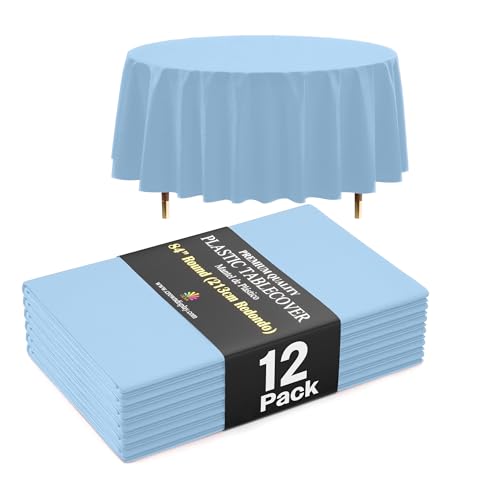 Image of Exquisite 66% Thicker Premium Light Blue Round Tablecloth 0.5 Mil 12 Pack Plastic Table Cloth Disposable 84 Inch Round Plastic Tablecloth Won't Tear Easily Like Cheap Thin Brands