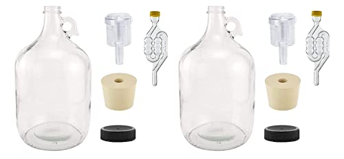 North Mountain Supply 1 Gallon Glass Fermenting Jug with Handle, Size 6.5 Rubber Stopper, 6 Bubble Airlock, 2 Piece Airlock, Black Plastic Lid, Set of 2