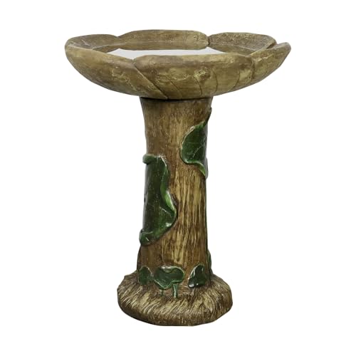 Image of SunJet 24 inch High x 19 inch Diameter Outdoor Bird Bath with Tree Stump Leaf Design - Fibre Reinforced Concrete Birdbaths for Garden, Patio, Yard, Lawn Decor