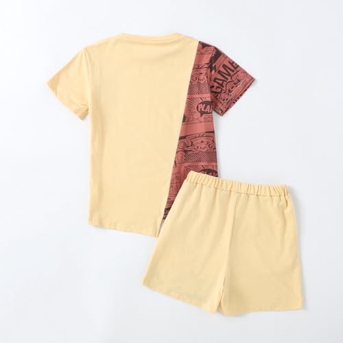 Image of OLMRJKD Boys 2 Piece Outfits Short Sleeve Colorblock T-shirt and Shorts Summer Casual Clothes for 6-12 Years