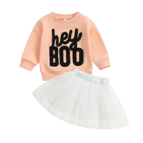Image of FYBITBO Halloween Outfits For Toddler Girls Baby Kids Boo Sweatshirt Long Sleeve Shirt Tutu Skirt Dress Fall Clothes Sets