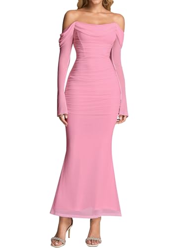 KUTUMAI Off Shoulder Long Sleeve Maxi Dress Corset Bodycon Ruched