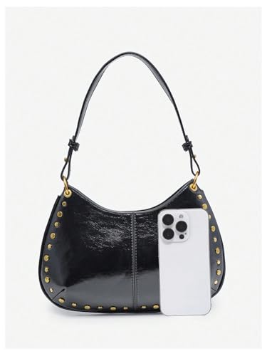MakeMeChic Women's Faux Leather Shoulder Handbag Studded Top Handle Y2k Underarm Bag2