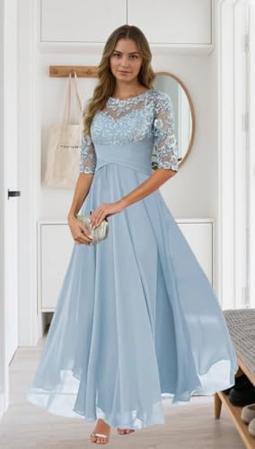 Lace Appliques Mother of The Bride Dresses with Sleeves Chiffon Pleated Scoop Neck Corset for Weddings4