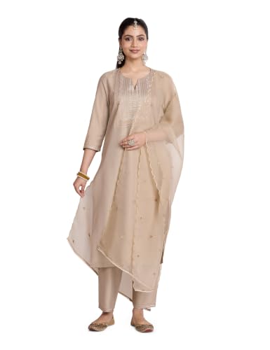 Image of Amazon Brand - Myx Women's Embroidered Kurta Set with Organza Dupatta (Available in Plus Sizes)
