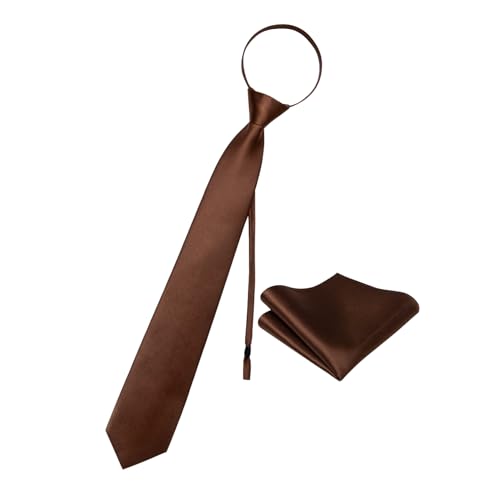 Image of YourTies Zipper Tie for Men Adjustable Pre-tied Satin Neckties and Pocket Square Set Solid Color Business Formal Wedding