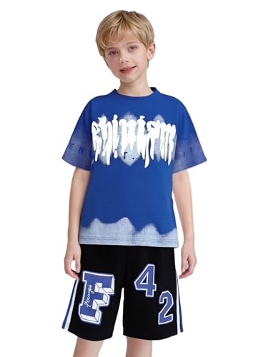 Kids Boys 2 Piece Sports Tracksuit Letter Print T-shirt And Shorts Set Breathable Sportswear Blue 9-10 Years3