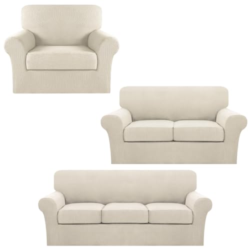 Turquoize Stretch Sofa Covers - Loveseat & Armchair Bundle, Individual Cushion Covers, Biscotti Beige