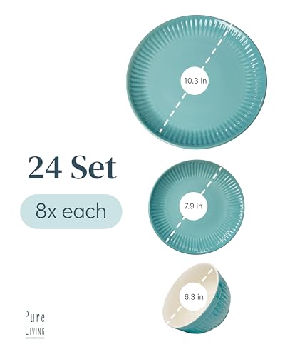 Image of Stoneware Dinnerware Set for 8 People HYGGE 24-Piece - Elegant Scandi Design - Premium Dish Set - Bowl and Plate Set - Tableware for 8 People in a Ribbed Design - Pure Living in Green