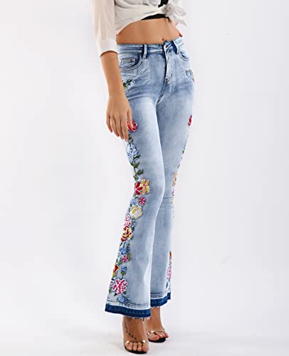 Women's Floral Embroidered Flare Bell Bottom Jeans,Vintage-Inspired Retro Denim Pants4