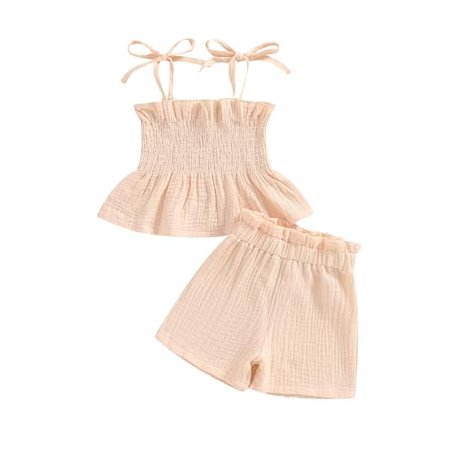 Kiluex Baby Girl Clothes Toddler Summer Outfits Sleeveless Tie Strap Tank Top Elastic Waist Shorts Clothing Set (C-Khaki, 18-24 Months)