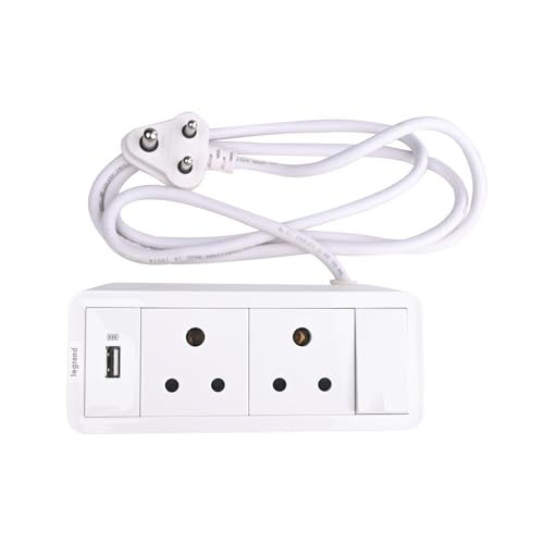 Image of Legrand Extension Board with USB (2-Sockets, 1 Switch, White, 1.5M Cable) | 2 x 6A Socket 230V + USB-A 5V 15 amp Charging | IP20 Rated Power Hub /Box for Home, Office, Hotel Use | Spike Guard
