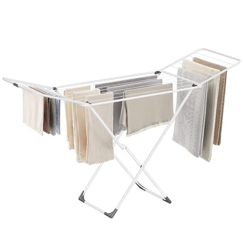 SONGMICS-Clothes-Drying-Rack-Metal-Laundry-Drying-Rack-Foldable-Space-Saving-Free-Standing-Airer-with-2-Gullwings-Indoor-Outdoor-Use-Bed-Linen-Clothing-White-ULLR540W01 SONGMICS Clothes Drying Rack, Metal Laundry Drying Rack, Foldable, Space-Saving, Free-Standing Airer, with 2 Gullwings, Indoor Outdoor Use, Bed Linen Clothing, White ULLR540W01 - Image 1
