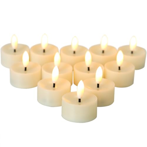 Image of CANDLE CHOICE Battery Operated Flameless Tea Lights Realistic Black Wick Bright Flickering LED Tealight Candles for Wedding Table Centerpieces Halloween Christmas Decorations Batteries Incl. 12 Pack