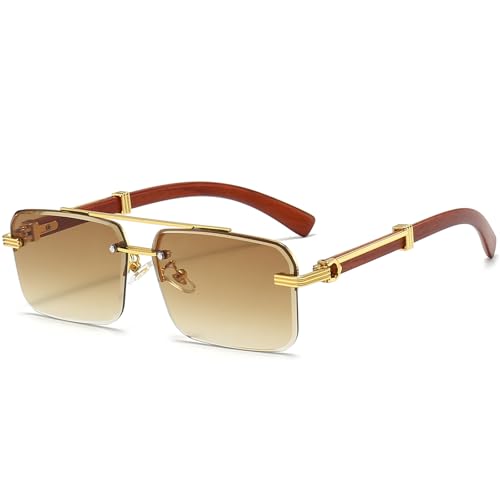 PORADAY Rimless Sunglasses for Men Women Vintage Rectangle Sun Glasses Fashion Frameless Square Tinted Shades (Gradient Brown)