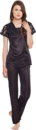 claura Stylish Black Color Women Satin Night Suit with Lace Work Pyjama Set-picture-56