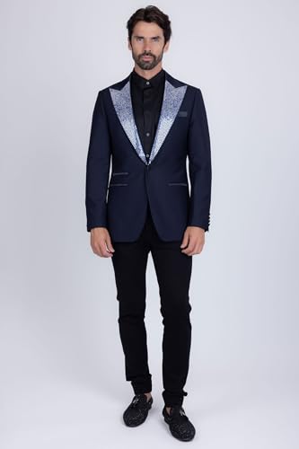 Barabas Men's Rhinestone Geometric Design Peak Lapel Blazer 5BL12 Grey 38/S3