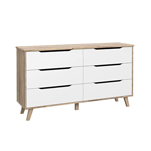Meubletmoi Commode 6 tiroirs de Rangement décor chêne Naturel et Blanc Mat Pieds Bois Massif inclinés - ALBANE