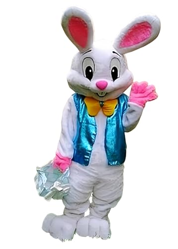 To.beone Easter Bunny Mascot Costume with Blue Vest and Yellow Bow Tie, Adult Size Rabbit Character Suit for Events and Parties