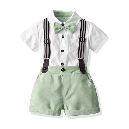 Image of Baby Boy Formal Short Set Toddler Summer Gentleman Outfit Kid Short Sleeve Bowtie Shirt Suspender Shorts Suit