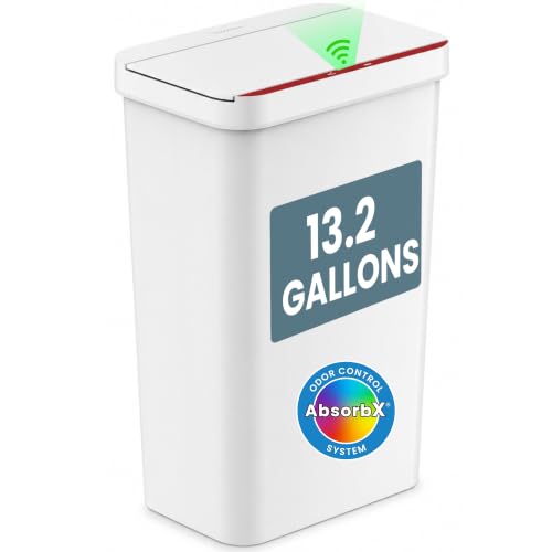 Image of iTouchless 13.2 Gallon Sensor Trash Can with AbsorbX Odor Filter, Durable Dent-Proof Construction, Slim and Space-Saving Automatic Recycle Bin for Kitchen, Home Office, Garage, Business, White Plastic